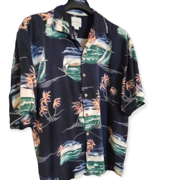 TOMMY BAHAMA Hawaiian Short Sleeve Aloha Palm Sailing Silk Camp Shirt Large - Picture 1 of 7